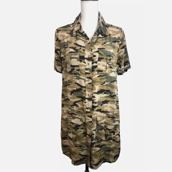 Equipment Femme 100% Silk Shirt Dress Remy Utility Pockets Camo Camouflage Small - Picture 4 of 11
